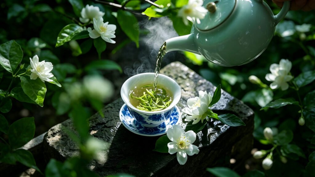 BAOGODA tea-scented perfume inspiration: green tea being poured into a cup with jasmine flowers, refreshing summer fragrance