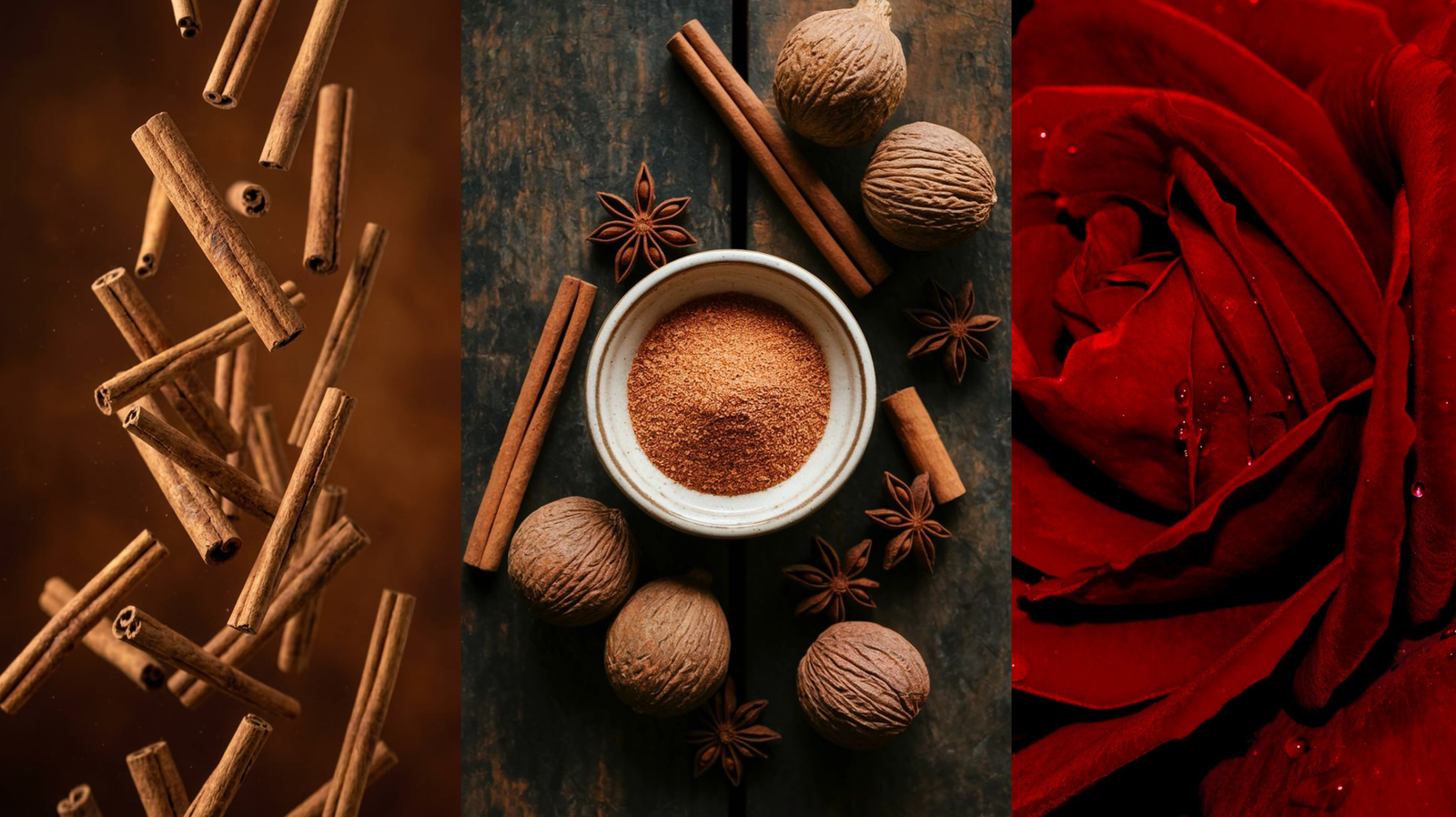 Cinnamon sticks, nutmeg and rich red rose, heart note ingredients of PACO RABANNE 1 Million perfume