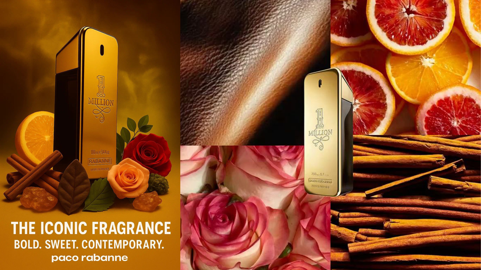 PACO RABANNE 1 Million gold brick men's perfume bottle with citrus, rose and spice fragrance ingredients background