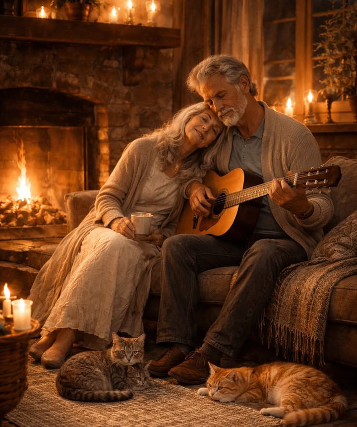 A bottle of Maison Margiela REPLICA By the Fireplace sits beside a glowing fireplace in a cozy living room. A guitar rests nearby, while a pet relaxes close to the fire, leaving soft paw prints that add warmth and a sense of home. The scene is illuminated by gentle, golden light, creating an intimate and comforting atmosphere.
