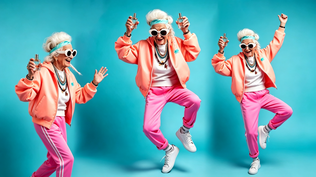 Stylish elderly woman enjoying Versace perfume lifestyle concept with joyful and energetic pose