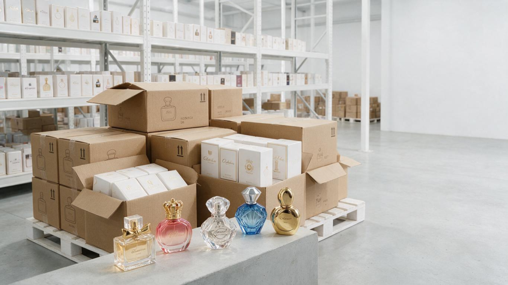 Professional wholesale perfume supplier showcasing a diverse range of branded fragrance bottles arranged on a modern display, representing bulk perfume distribution for retailers and resellers.
