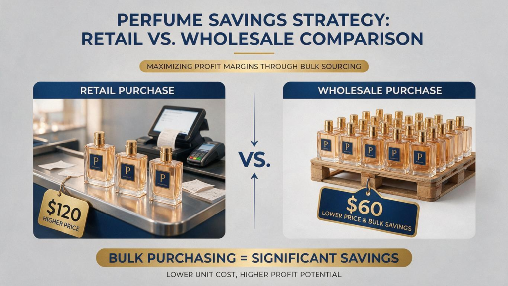 Professional wholesale perfume supplier display showing a variety of high-quality fragrance bottles, representing cost-effective bulk purchasing solutions for retailers and beauty businesses.