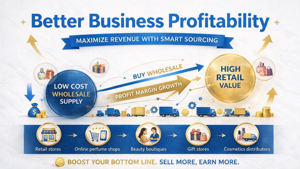 Professional wholesale perfume supplier display showcasing high-quality fragrance products, representing improved business profitability through bulk purchasing for retailers, online shops, and distributors.
