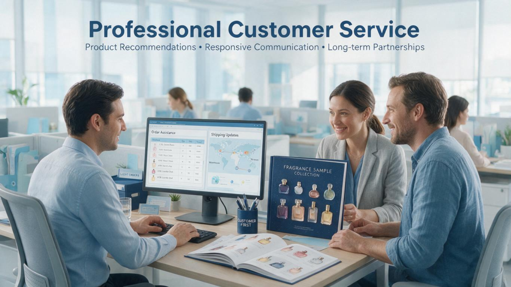 Professional wholesale perfume supplier providing customer support services for high-quality fragrance products, helping retailers with product selection, order assistance, and business partnerships.