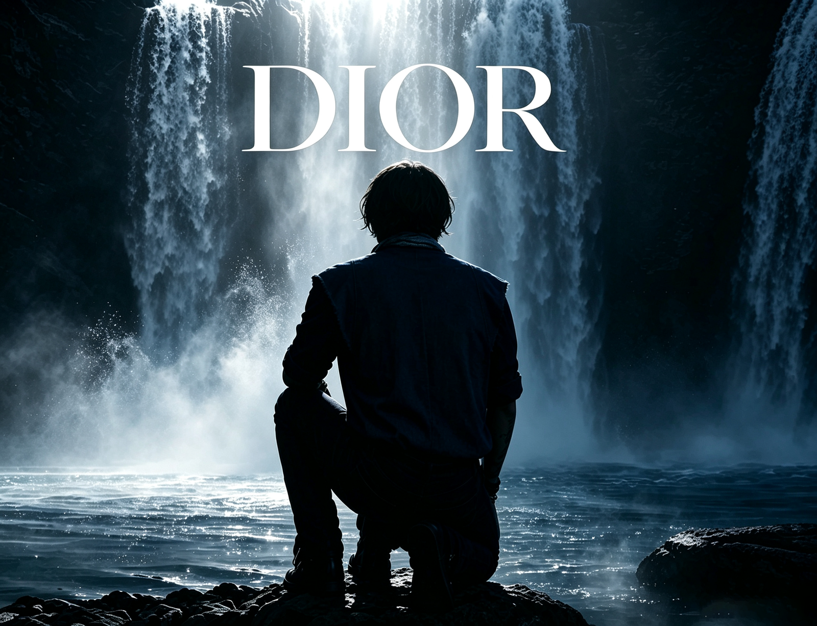Dior Sauvage men’s perfume campaign featuring a masculine silhouette standing beside a powerful waterfall, symbolizing freedom, confidence, and the spirit of modern masculinity inspired by nature and exploration.
