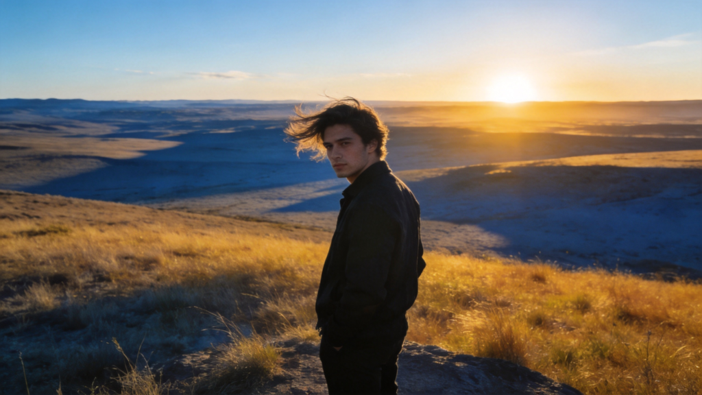 A man overlooking a vast landscape, symbolizing self-discovery, courage, freedom, and the spirit of Dior Sauvage.