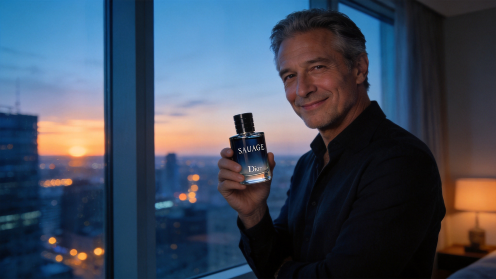 Man holding Dior Sauvage men's perfume with a city skyline, representing confidence, elegance, and modern masculinity | BGD Wholesale & Retail Platform