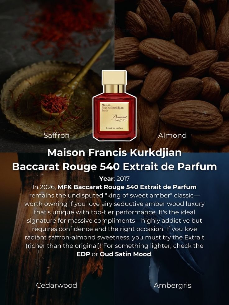 Maison Francis Kurkdjian Baccarat Rouge 540 Extrait de Parfum with rich saffron, jasmine, cedarwood, and ambergris accords