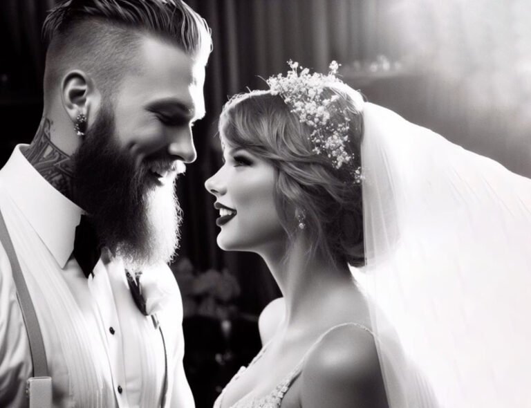 Taylor Swift and Travis Kelce wedding moment romantic black and white portrait