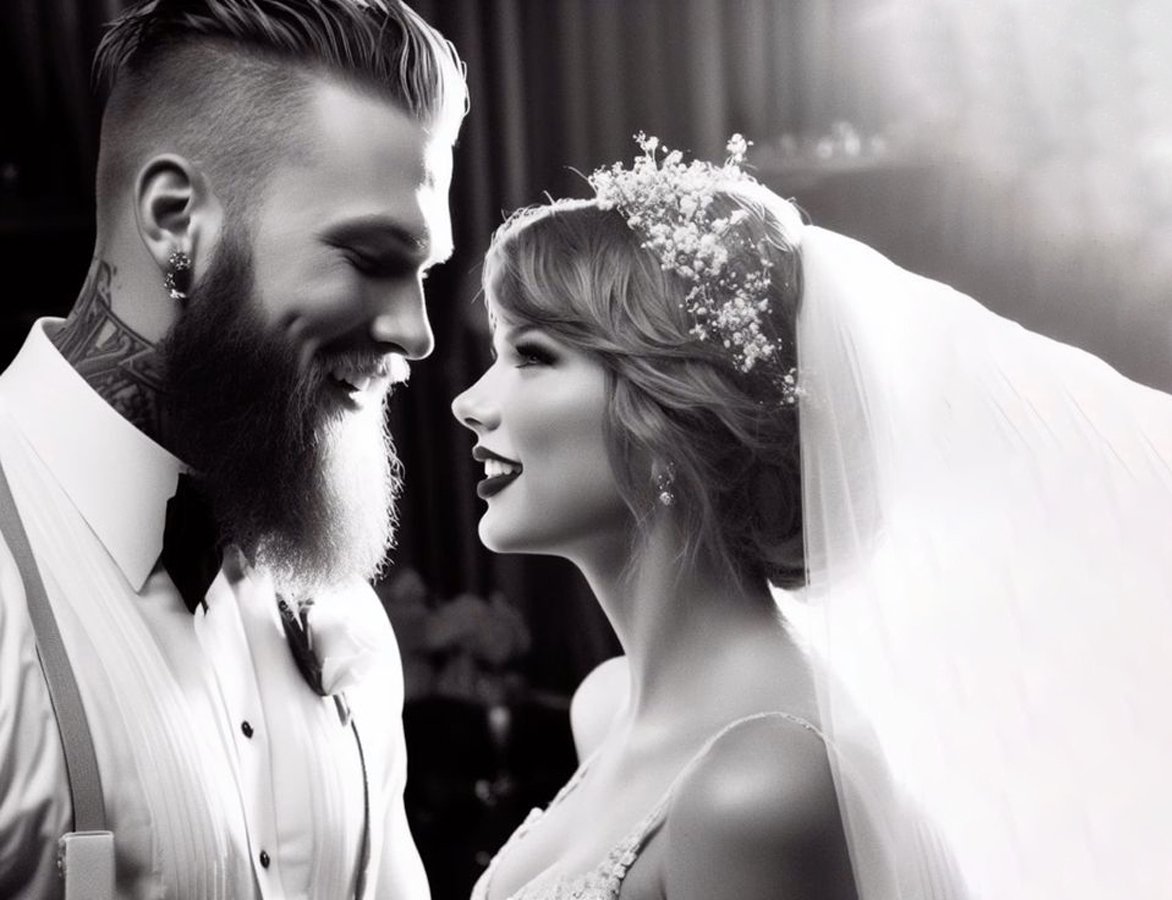 Taylor Swift and Travis Kelce wedding moment romantic black and white portrait