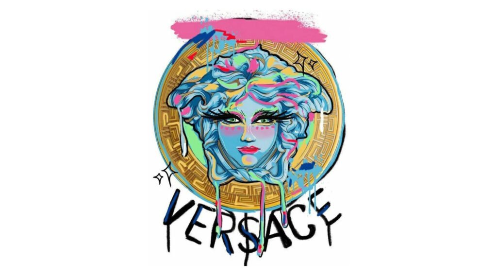 A vibrant graffiti art piece featuring Versace's Medusa head, designed in a street style and framed in a gold circular frame. (BGD Versace perfume sourcing platform)