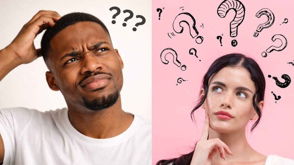 Confused man and woman thinking with question marks representing why these three Versace perfumes are chosen
