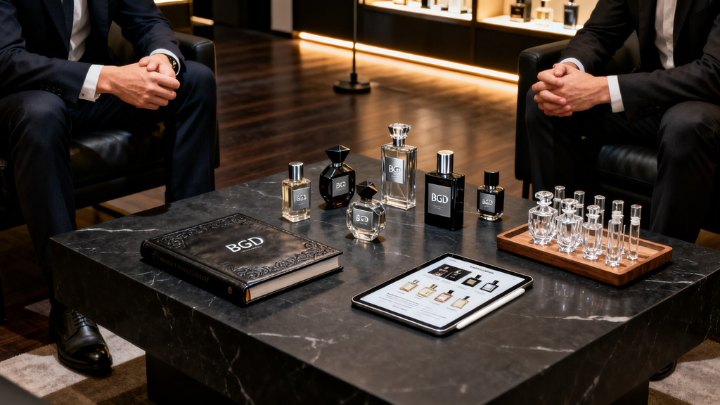 Retail buyer discussing a long-term perfume wholesale partnership