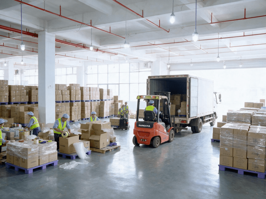 Perfume wholesale warehouse with bulk fragrance inventory and order preparation
