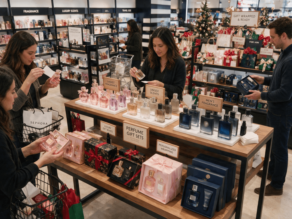 Perfume retail display showing popular fragrance collections for American consumers