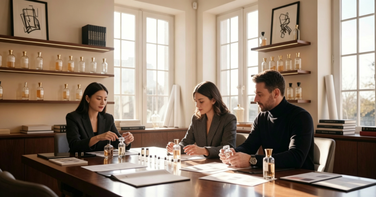 Wholesale perfume supplier and buyer discussing fragrance products