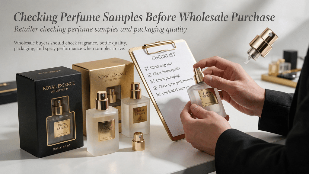Retailer checking perfume samples and packaging quality
