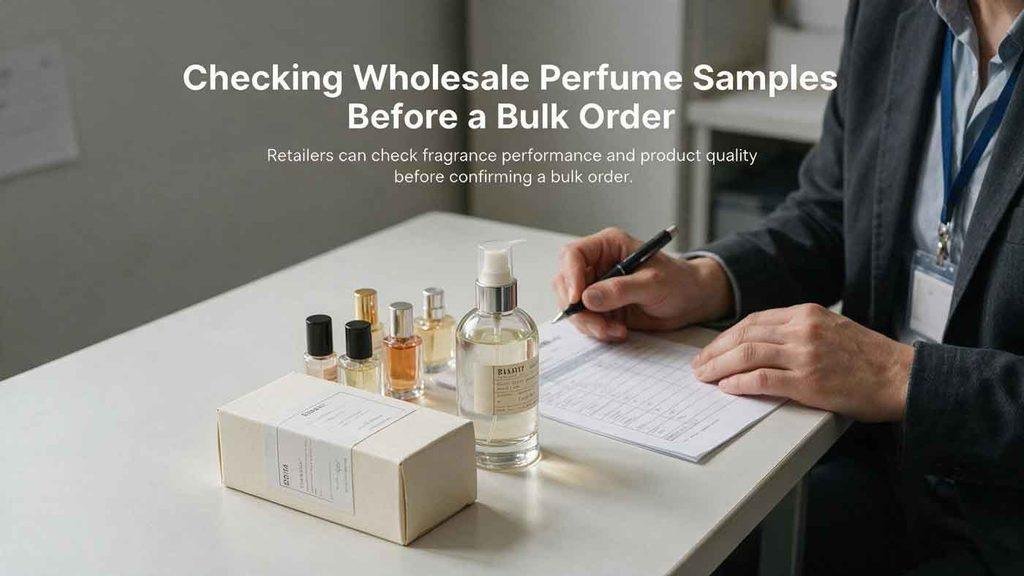 Retailer checking wholesale perfume samples before bulk order