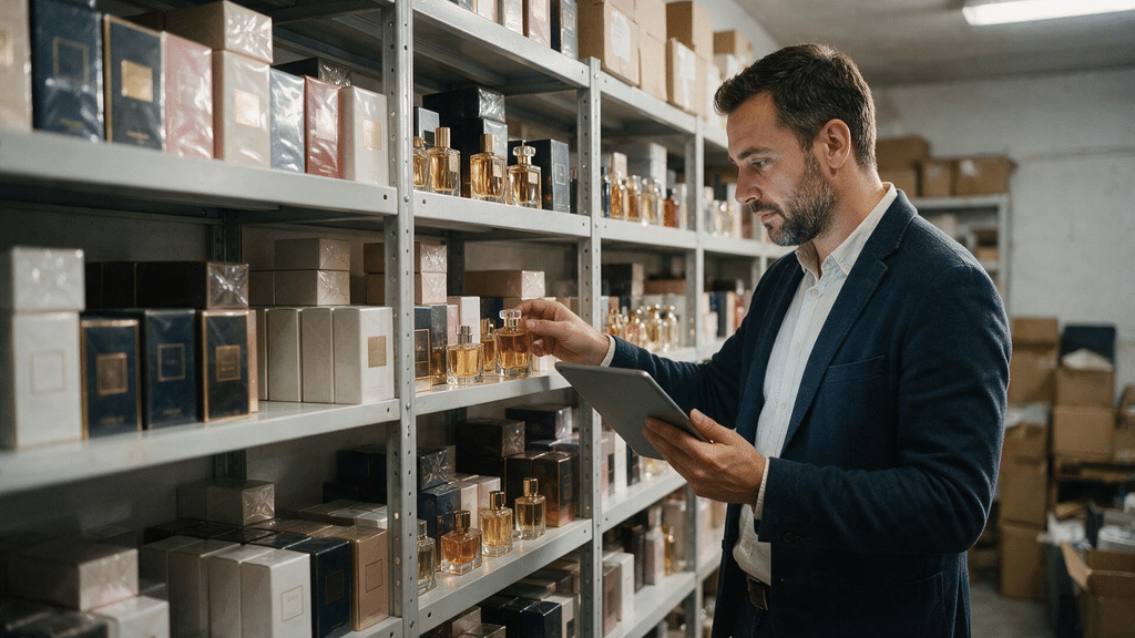 Reseller checking wholesale perfume stock levels