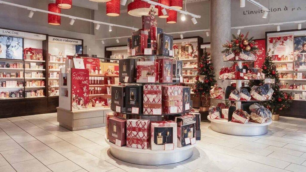 Seasonal perfume bundles displayed in a retail boutique