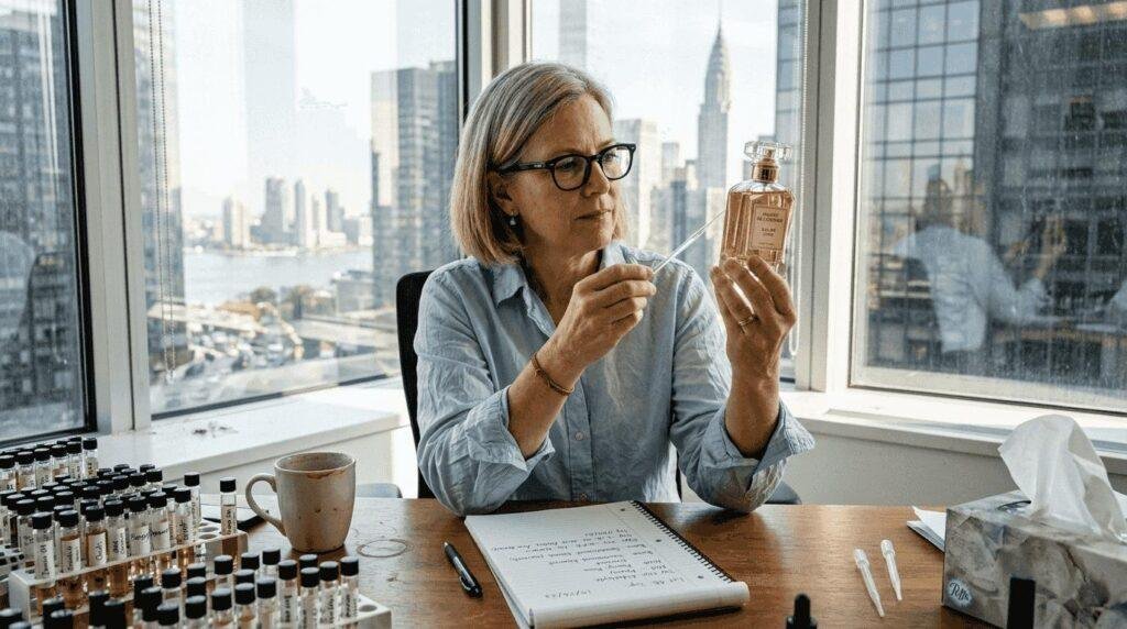 Perfume samples being checked before a wholesale order