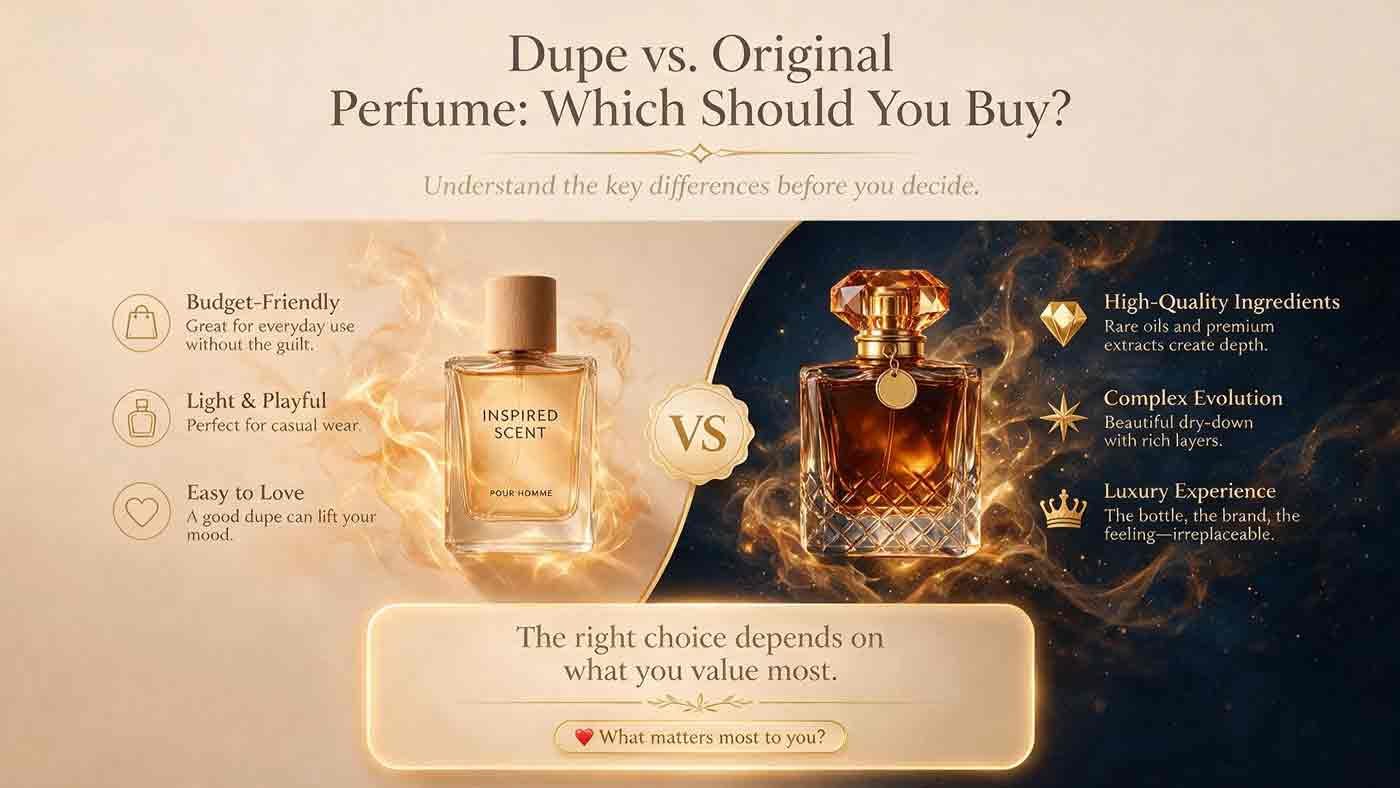 Dupe vs. original perfume comparison showing affordability, everyday wear, fragrance complexity, and luxury experience