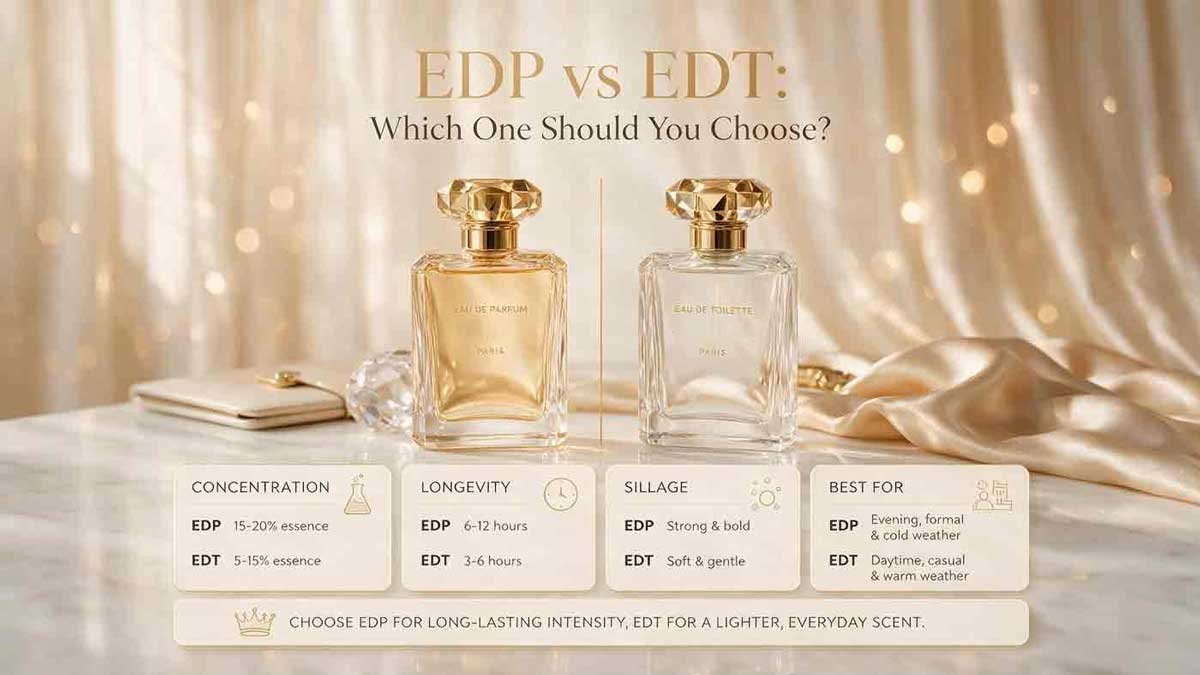 EDP vs EDT perfume comparison showing Eau de Parfum and Eau de Toilette bottles