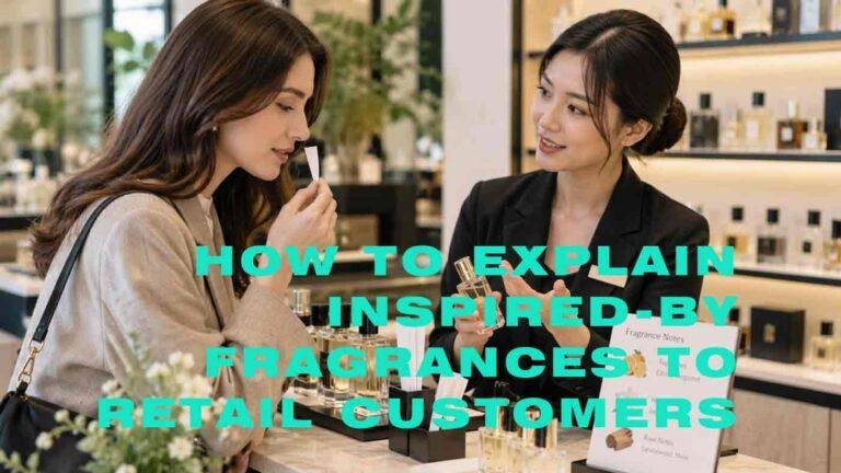 Retail customer discussing inspired-by perfume with a fragrance consultant