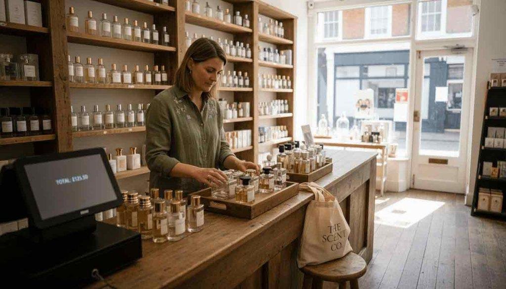Perfume retailer reviewing fragrance products and pricing notes