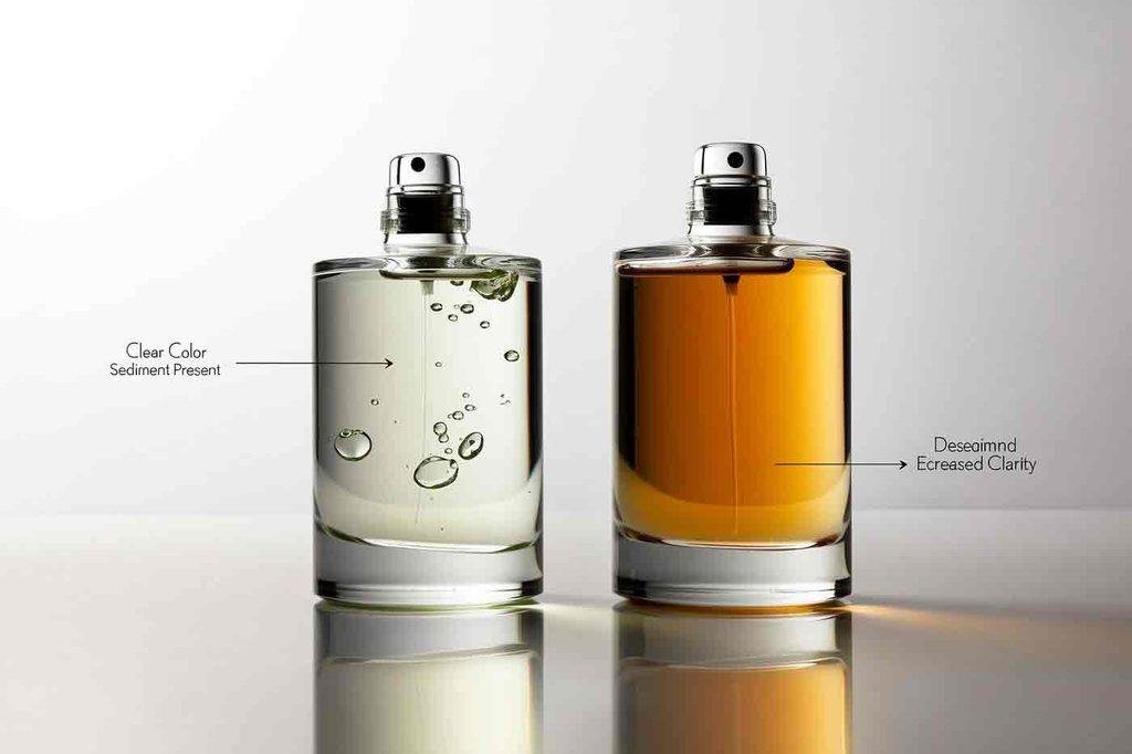 Comparing perfume liquid color in bulk fragrance bottles