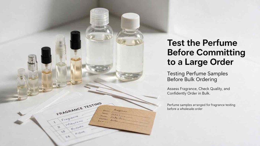 Perfume samples arranged for fragrance testing before a wholesale order