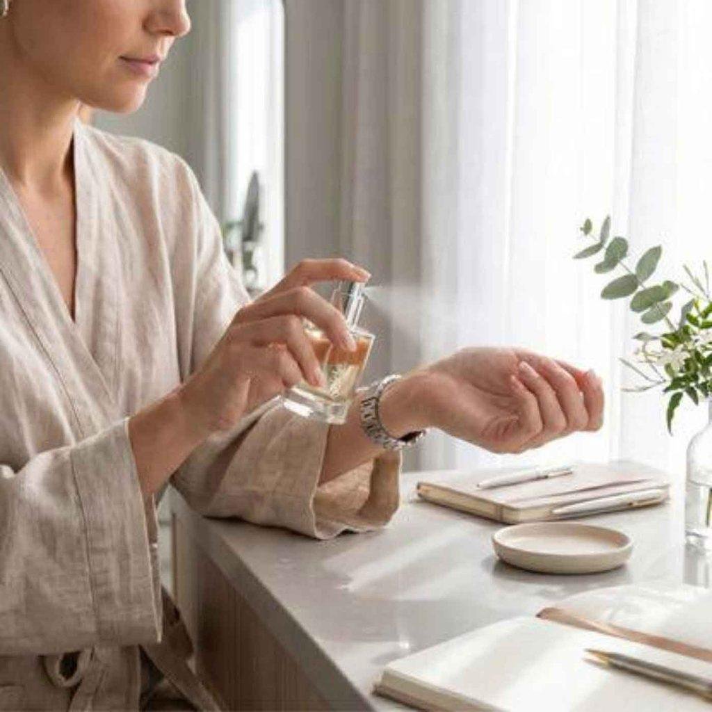Testing perfume on the wrist to experience its scent on skin
